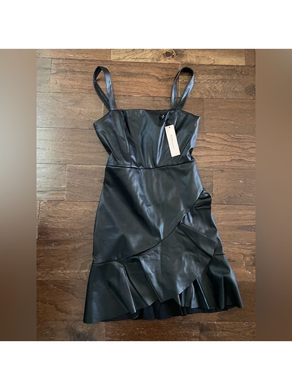 BCBGENERATION-Women's Faux-Leather Flounce-Hem Mini Dress-XS-black Retail $128 - Picture 2 of 13